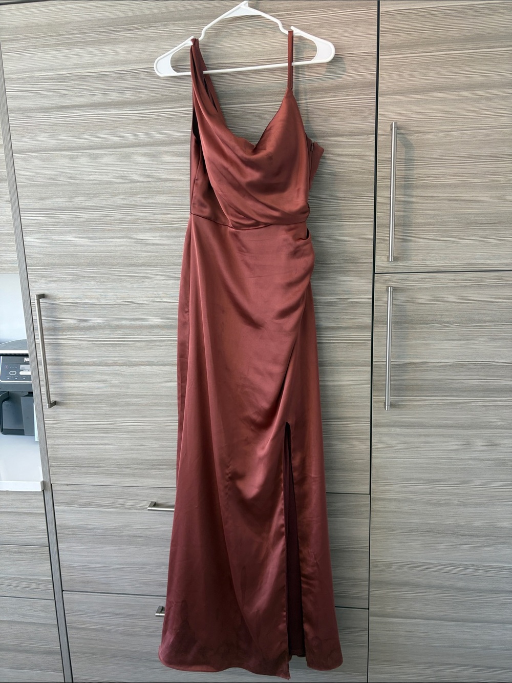 Revelry Rust Satin Cowl Slip Gown
